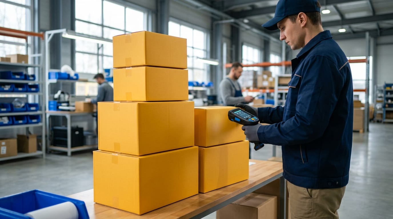 Operação logística de encomendas com caixas amarelas empilhadas e scanner manual para entregas rápidas no Mercado Livre 10.10