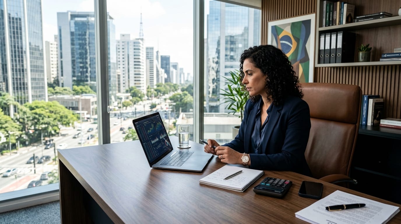 Empresária analisando planejamento fiscal e planilhas financeiras em escritório executivo sobre a reforma tributária das empresas no Brasil