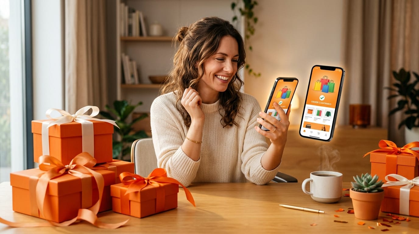 Consumidora feliz conferindo ofertas e cupons do festival Shopee 10.10 em smartphone com caixas de presentes laranjas