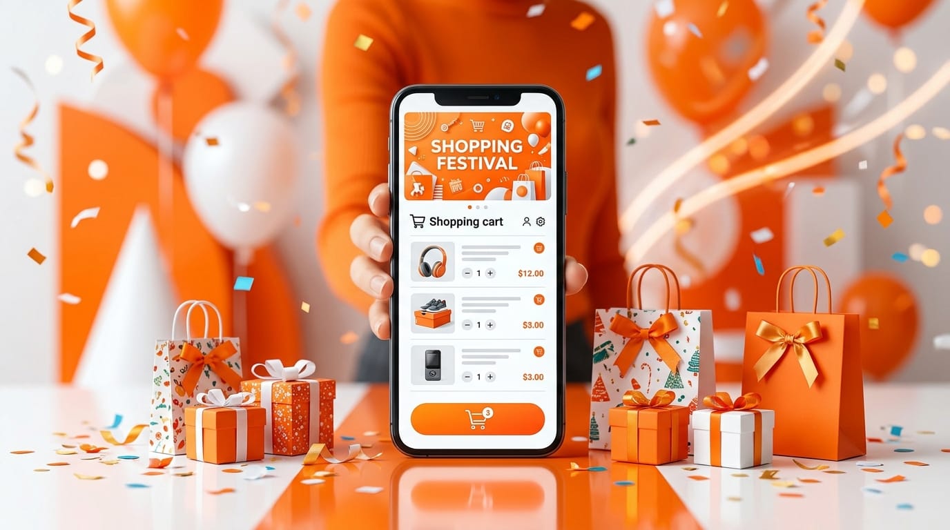 Guia completo do 11.11 Shopee com sacolas de compras, cupons de desconto e smartphone exibindo carrinho online em festival de compras