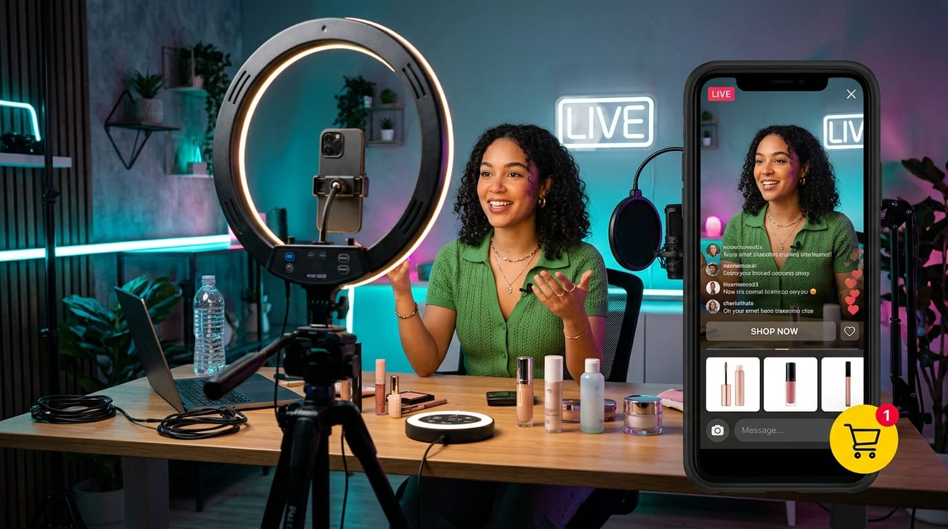 Guia do 11.11 TikTok Shop com estúdio de live commerce, ring light, smartphone transmitindo ofertas ao vivo com carrinho amarelo interativo