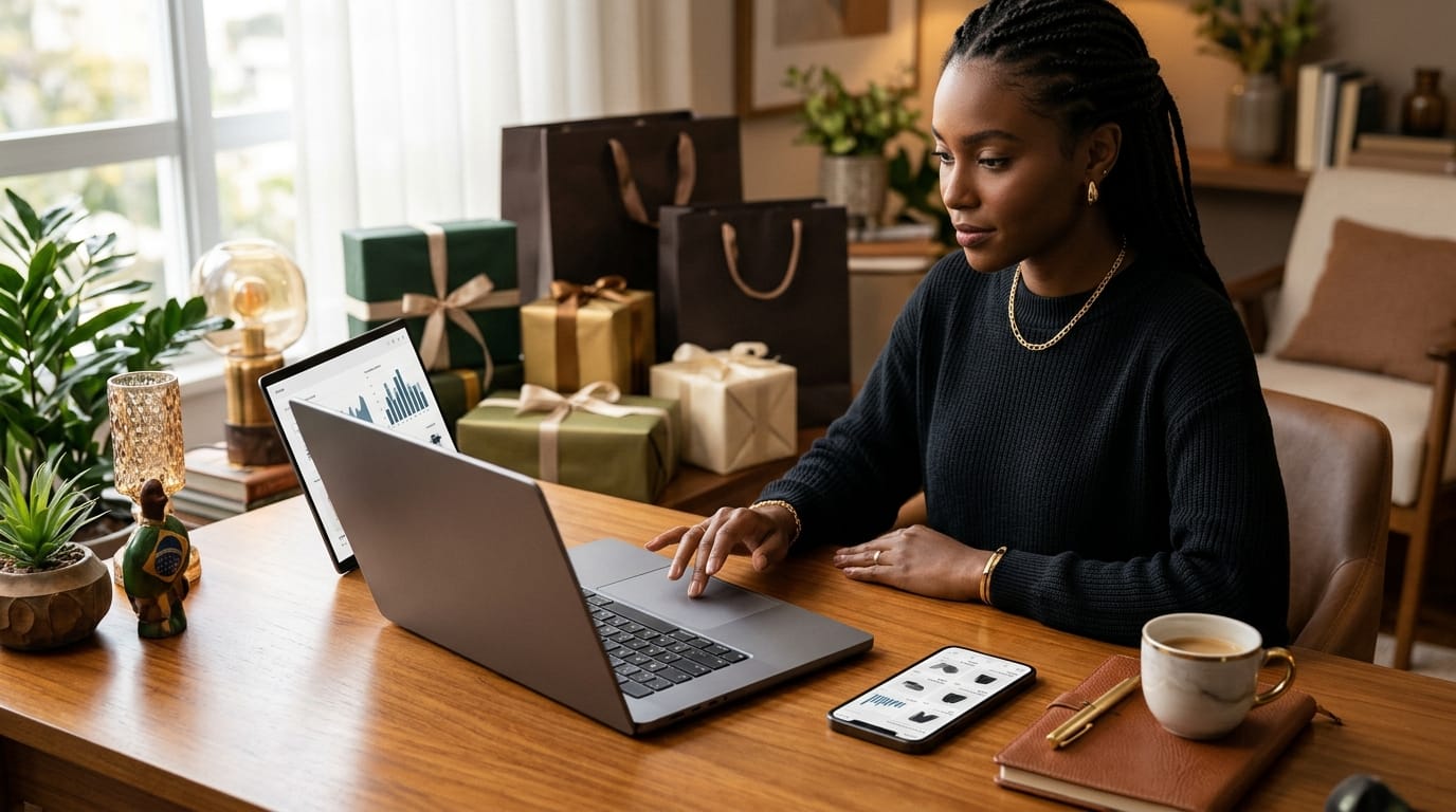 Consumidora analisando gráficos de preços e ofertas da Black Friday em laptop moderno com sacolas e caixas de presentes ao fundo